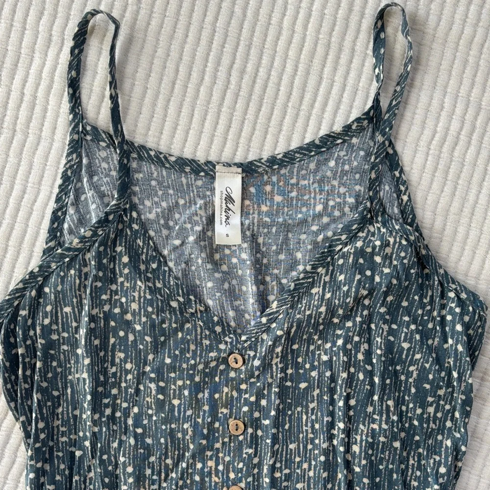 Mahina Women’s Summer Dress Dark Sage and Cream Spots, Slit in Front - Picture 2 of 8